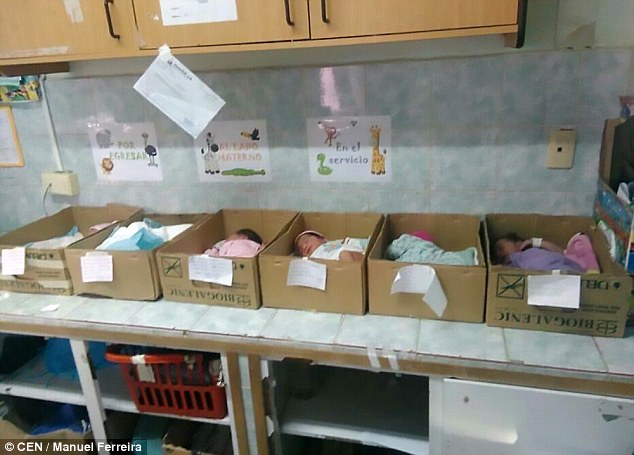 The shocking images, believed to have been taken by a medic in the northeastern state of Barcelona, show young babies in cardboard boxes instead of incubators
