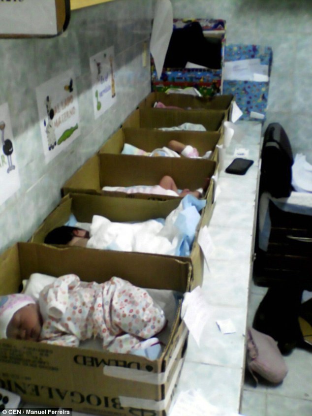 Heartbreaking: The newborns have been forced to sleep in cardboard boxes amid Venezuela's deepening financial crisis