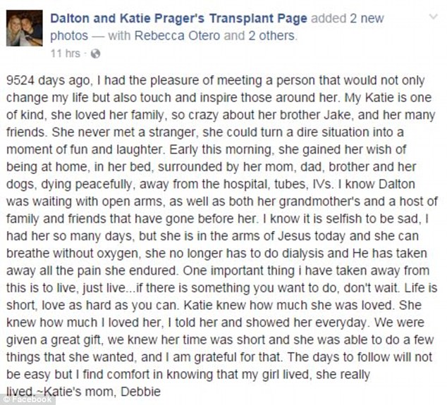 Katie's mother Debra Donovan posted this message about her daughter on Facebook 