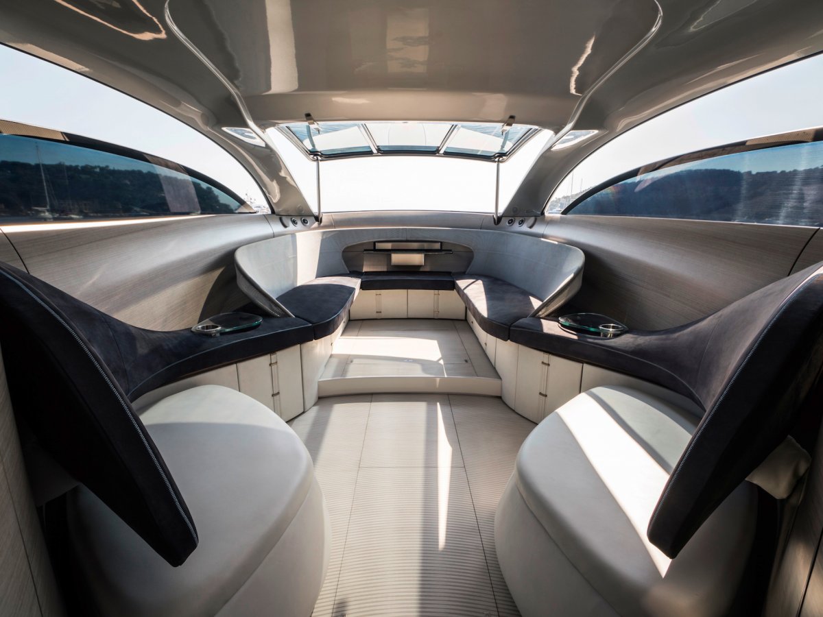 The vessel has all the modern amenities you'd expect in a luxury yacht, including air conditioning, a sound system, wine storage, and an ice maker.