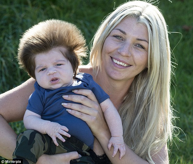 Junior's mother Chelsea Noon (pictured) says that he was born with lots of hair but she wasn't aware of how much until she gave him his first bath 