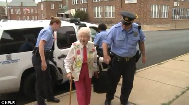 Edie Simms (pictured) was able to fulfill a bucket-list wish of riding in the back of a police car thanks to officers in Missouri and staff at the Five Star Senior Center