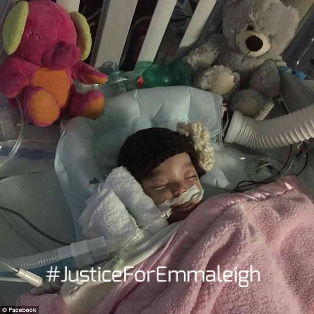 Emmaleigh, above in her hospital bed after the attack, was 10 months old when she was found beaten and bloodied in the basement of her home, say police