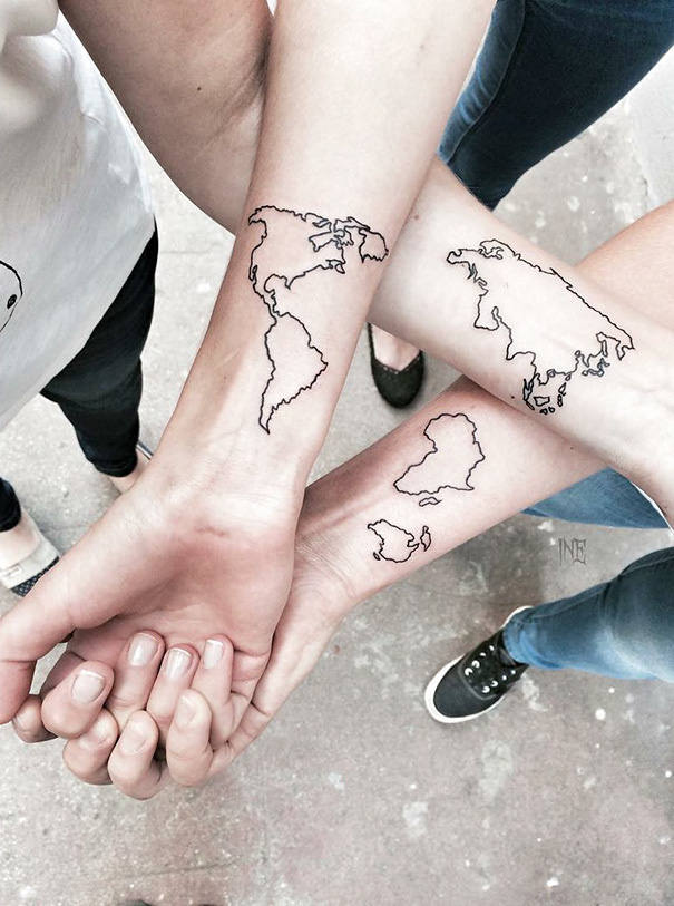 For a group of best friends who are wander-lusters and travel-bugs, try getting something map-related tattooed. 
