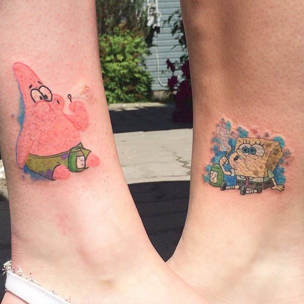 Who are the most well know best friends on national TV show: Spongebob and Patrick Star! It only makes sense for a pair of best friends to get matching tattoos featuring this dynamic duo. 