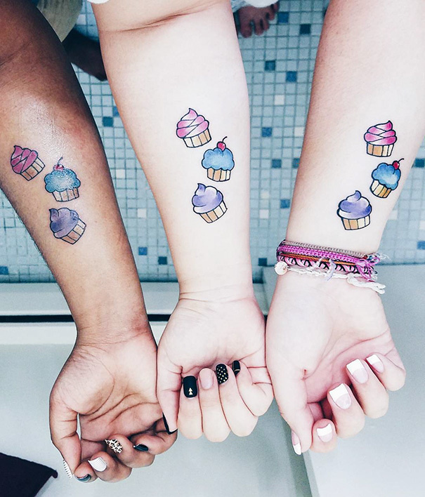 If you and your friends share a love for sweets and baked goods, why not get a cute matching tattoo of cupcakes. They're relatively small tattoos that usually pop with a little color. 