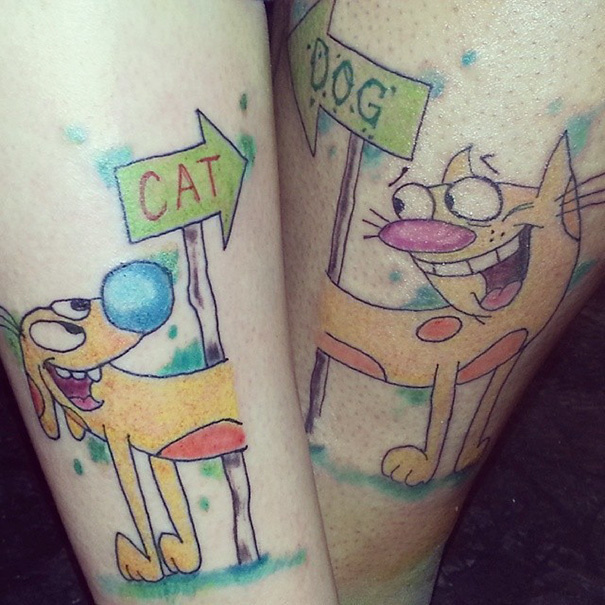 If you feel like your best friend is the literal other half of you, then a cat-dog tattoo may be appropriate for you two. This tattoo also shows how retro you are with your cartoons! 