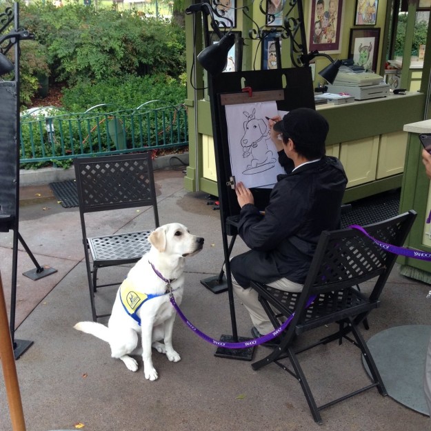 Over the weekend, 26-year-old Katie was sent a photo from her parents while they were at Disneyland. They had spotted a dog sitting at a touristy caricature portrait station, patiently waiting to get his done.