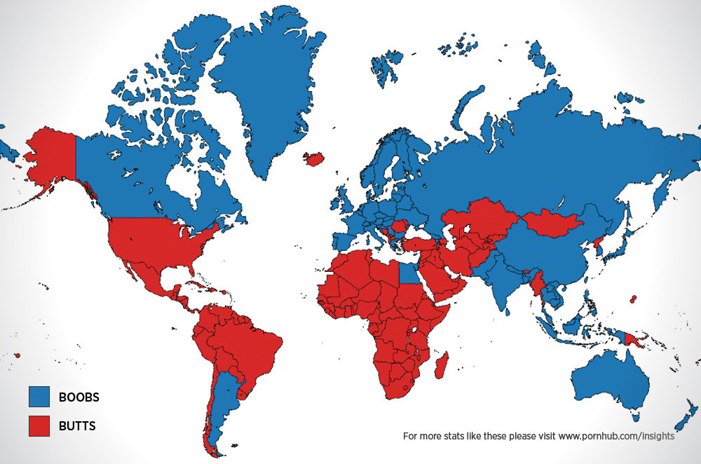 2. According to Pornhub statistics, the countries in blue search more for boobs and the countries in red search more for butts.