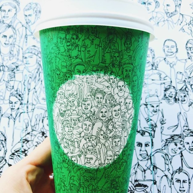 On Tuesday, Starbucks announced a new limited-edition cup featuring a "mosaic of more than a hundred people drawn in one continuous stroke." As you may have noticed, it's green, unlike the traditional "red cups" the coffee company serves every year around the holidays.