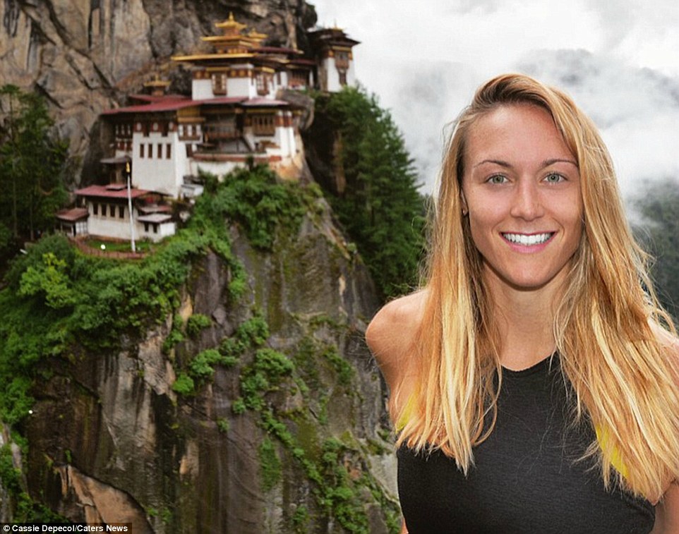 Cassie De Pecol, 27, from Washington, Connecticut embarked on her journey in July of 2015 and now she is nearing the end of her epic mission to visit all 193 sovereign nations plus Taiwan, Kosovo and Palestine (pictured above in Bhutan)