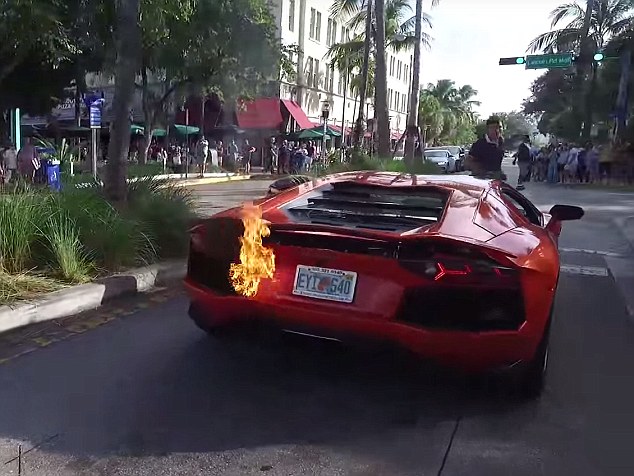 Blaze of glory: A valet got carried away as he revved the engine to the Laborghini