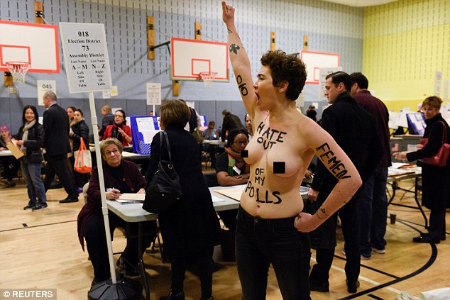 A statement on the FEMEN official blog read: 'An authoritarian and nationalist Trump should never be in a position of political power, it is dangerous for our nation and for the world'