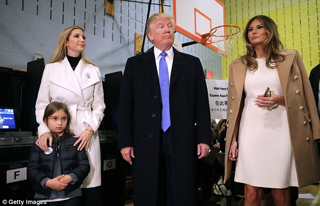 Just two hours after the protest Mr Trump, accompanied by wife Melania and daughter Ivanka, sauntered into the same school hall 
