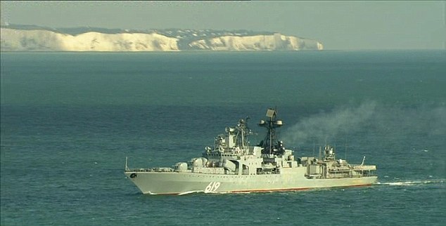 Russian power: President Putin sent a fleet to Syria via the Channel, including Severomorsk 619, pictured above, which was seen cruising past the White cliffs of Dover in an image captured by BBC News