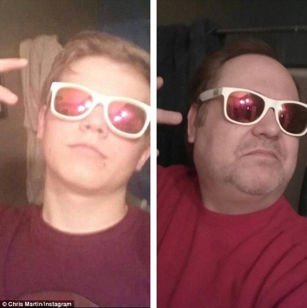 Peace out: He even took a photo copying his teenage son, wearing a red t-shirt and sunglasses, to celebrate his birthday