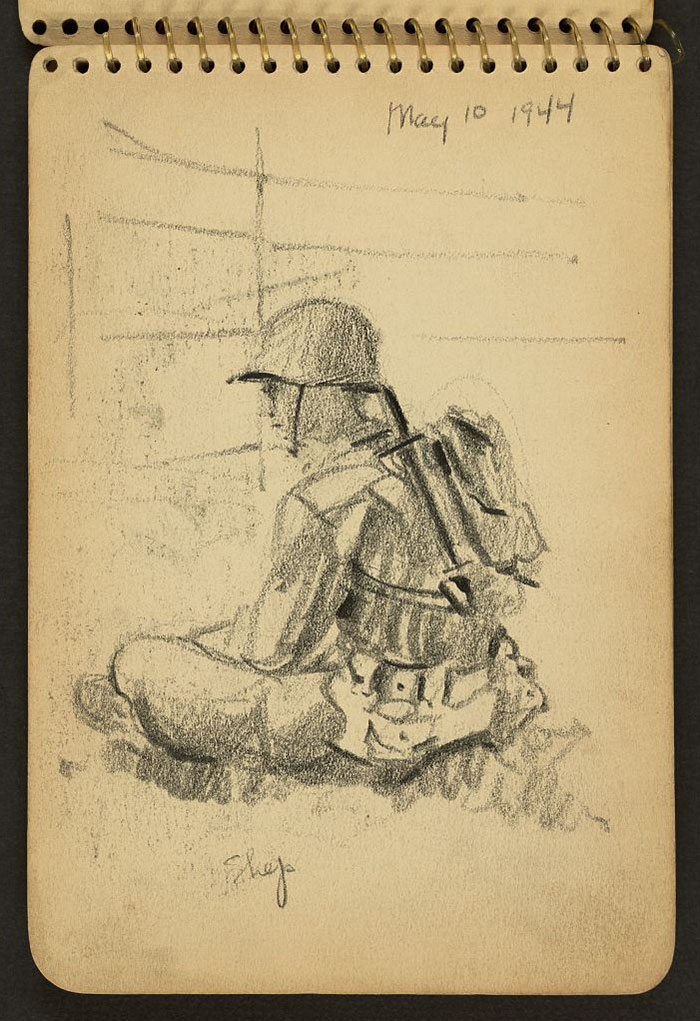 Shep Sitting Cross-Legged In His Helmet And Knapsack While Stationed At Fort Jackson, South Carolina