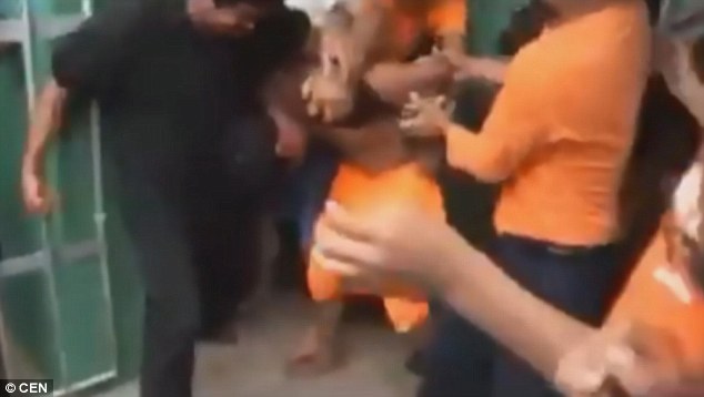 Violent: Locals then grabbed the helpless man and pulled him through the streets to hang him