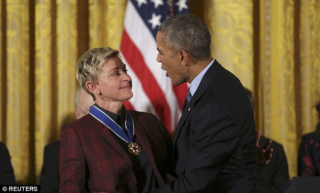 President Obama (right) reminded his audience today how brave it was for Ellen DeGeneres (left) to come out on her television show nearly 20 years ago 