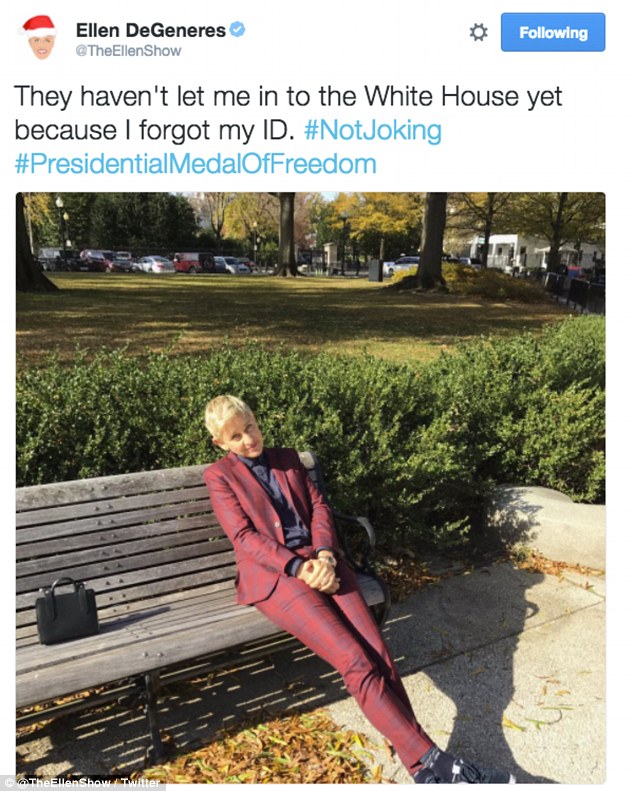 Comedian Ellen DeGeneres was almost left out in the cold after forgetting her ID and not being allowed to enter the White House for the ceremony 