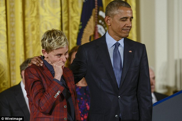 Huge honor: Ellen started to tear up as she stood alongside President Barack Obama while a list of her accomplishments was read out loud