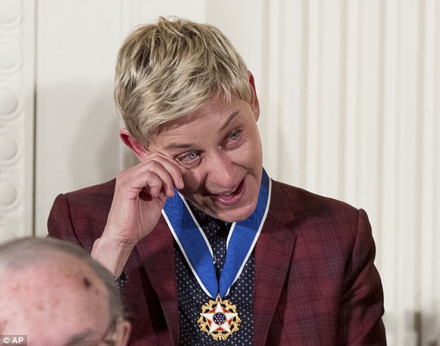So happy I'm crying: Ellen DeGeneres was overcome with emotion after being presented with Presidential Medal Of Freedom at a special ceremony at the White House on Tuesday