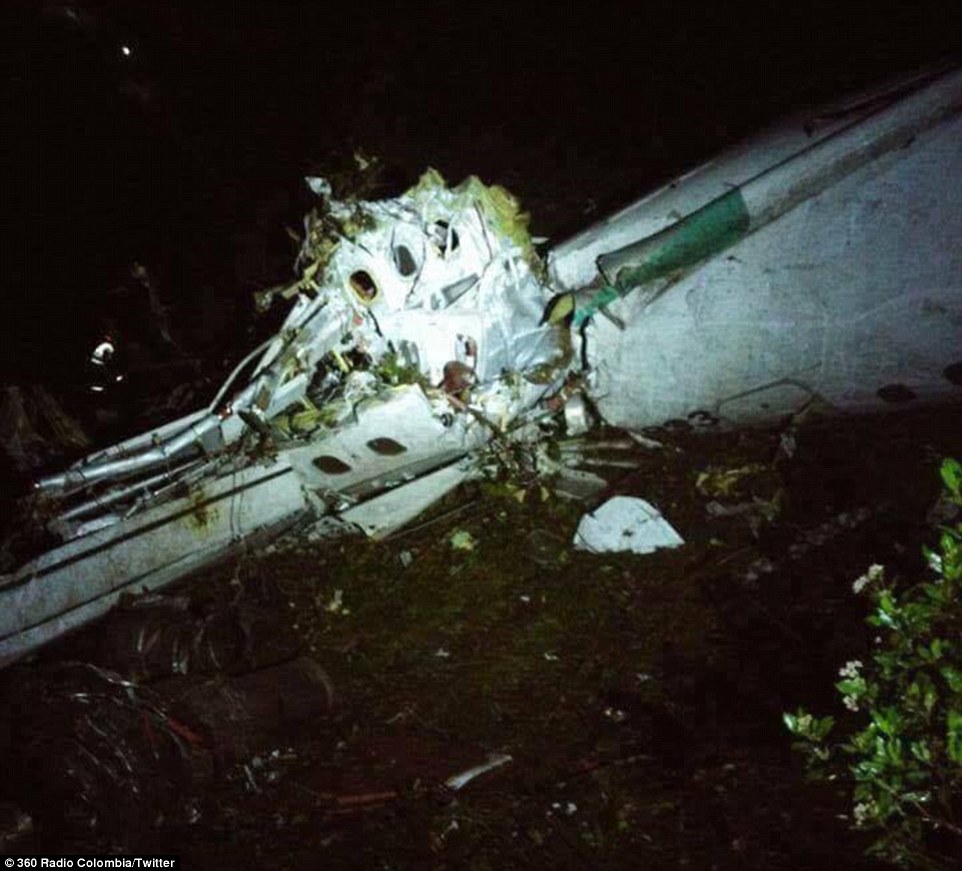 A shocking image of the wreckage of the plane after it crashed in a mountainous region of Colombia. On board were 81 people - including 72 passengers and nine crew - including members of the Chapecoense football team 
