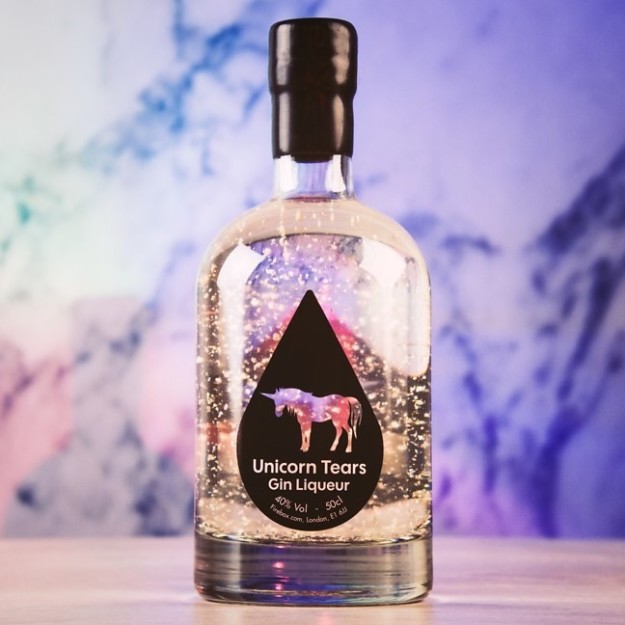 A bottle of unicorn tears gin liqueur, because life is magical and so is alcohol.
