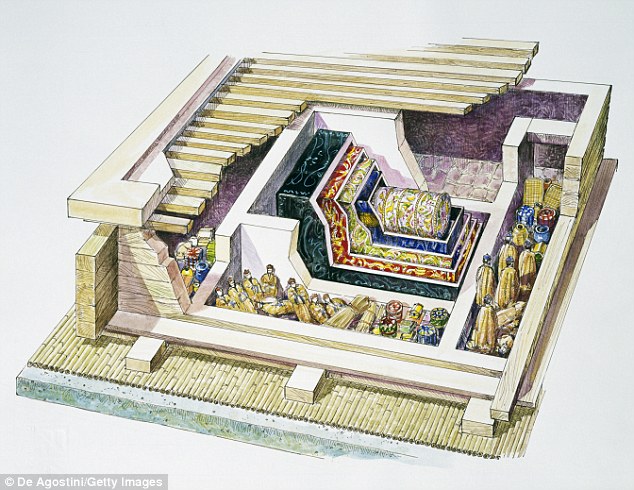 An artist's impression of the burial chamber where the Lady of Dai was found. The body itself was swaddled in more than 20 layers of silk and then sealed within four coffins packed with charcoal and sealed with clay