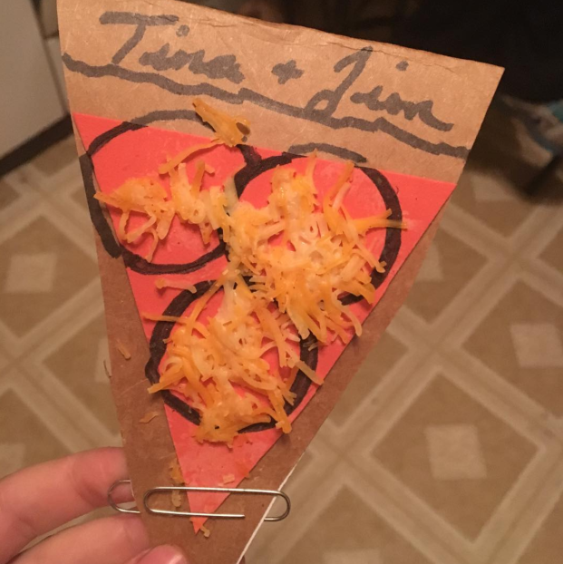 This mom who made invitations for her pizza party with real cheese.
