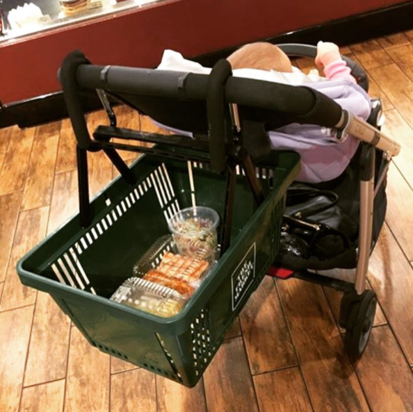 This mom who found a hands-free way to shop with a basket full of groceries and a baby.