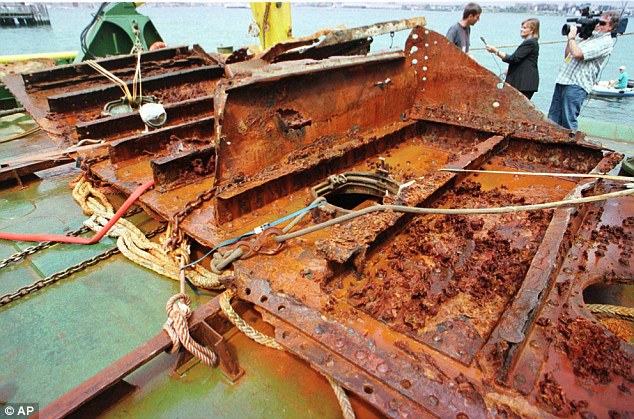 The largest piece of the hull of the legendary ship Titanic ever to reach the surface, is seen following its arrival in Boston in 1998, aboard the French recovery ship Abeille Supporter.  The 20 ton, 26-foot by 20-foot section was recovered in the North Atlantic
