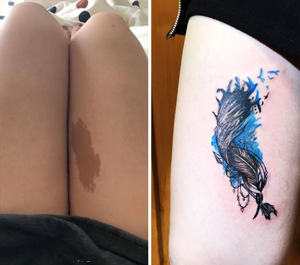 Feather Tattoo Covering A Birthmark