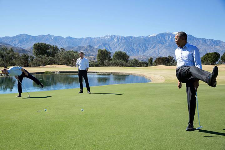 Feb. 16, 2016: “President Obama reacts as his putt falls just short during an impromptu hole of golf with staffers Joe Paulsen, left, and Marvin Nicholson after the U.S.-ASEAN Summit at the Annenberg Retreat at Sunnylands in Rancho Mirage, Calif.”