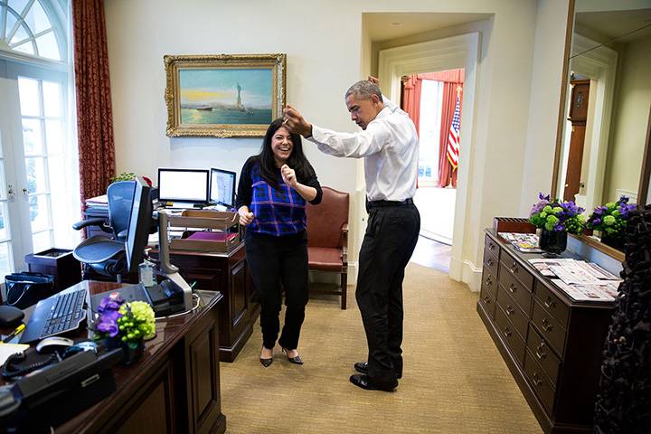 March 16, 2016: “It just happened spontaneously one afternoon as the President began dancing in the Outer Oval with Personal Aide Ferial Govashiri. As I recall, he was helping her practice for her upcoming wedding.”