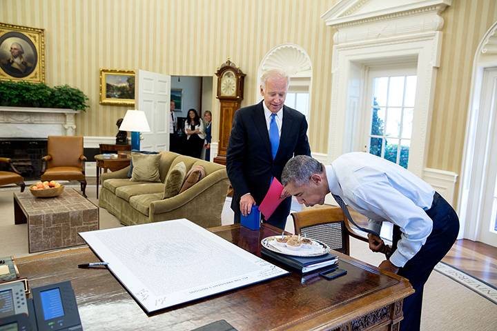 Aug. 4, 2016: “With some staff watching in the background, President Obama blows out candles after the Vice President surprised him with some birthday cupcakes.”