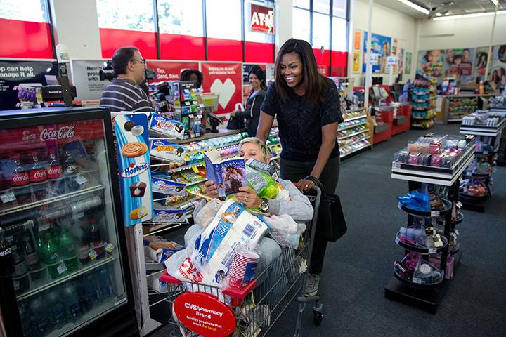 Sept. 12, 2016: “The First Lady goes shopping at a CVS Pharmacy in preparation for life after the White House during a segment taping for the Ellen DeGeneres Show in Burbank, Calif.”