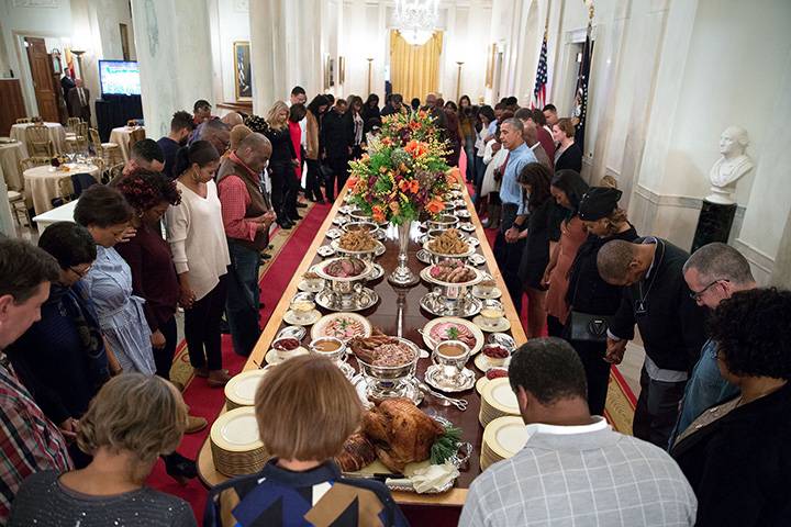 Nov. 24, 2016: “President Obama leads a prayer before hosting Thanksgiving dinner for family and friends on the State Floor of the White House.”
