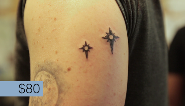 His tattoo artist was Patrick Thomas aka "The Gentlest Hands On The Boulevard." He designed two stars with some character and flare to "dress up" Ben's idea. This tattoo cost $80.