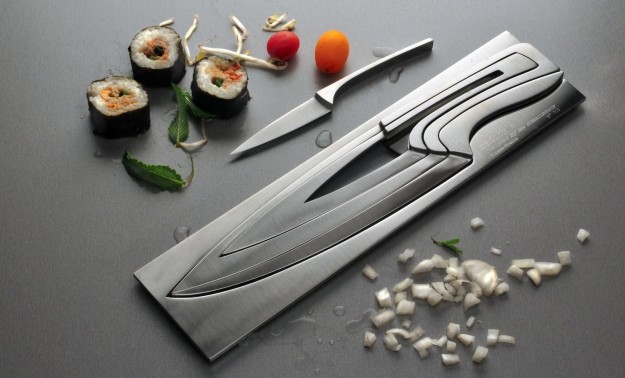 Kitchen knives that nest perfectly inside each other.