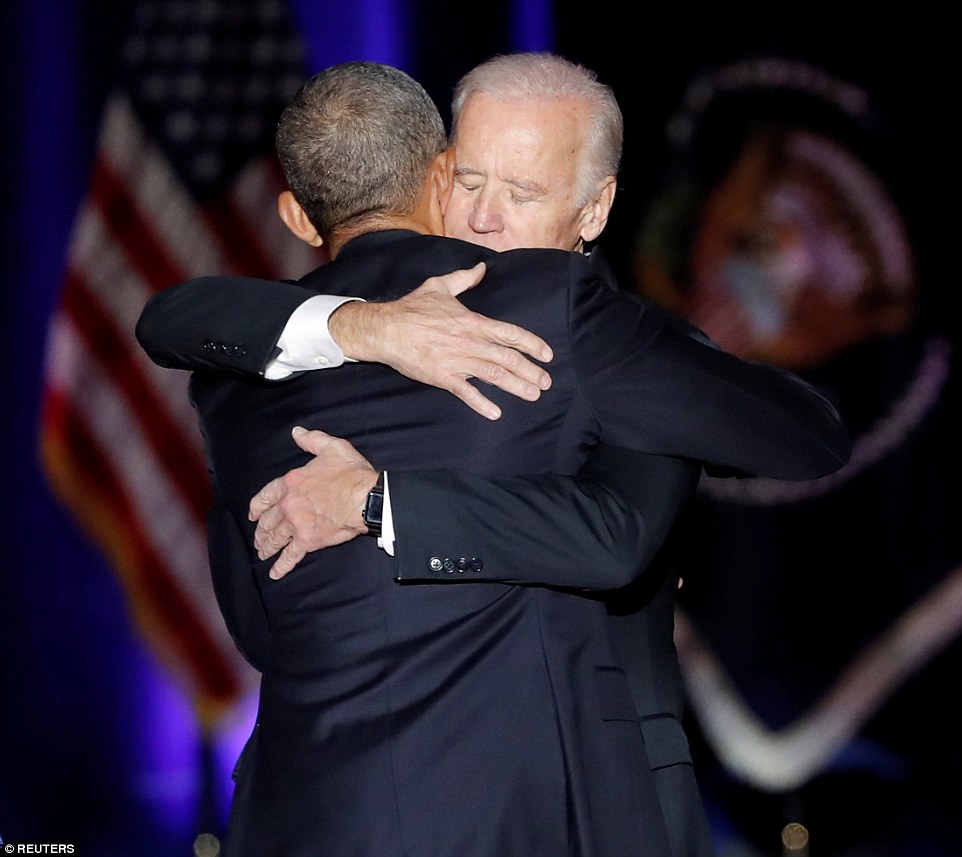 Brothers: Barack Obama called VP Joe Biden his 'brother' in his farewell speech Tuesday, before the pair embraced on stage 