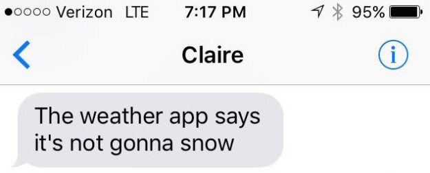Last week, Holcomb reported with confidence that there was a high chance of snow showers in his area. He stepped off set and received a text from his daughter. She didn't trust his newscast because an app said snow was not in the forecast.