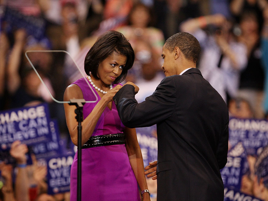 Barack Obama And His Wife Michelle Obama Bump Fists At An Election Night Rally At The Xcel Energy Center June 3, 2008