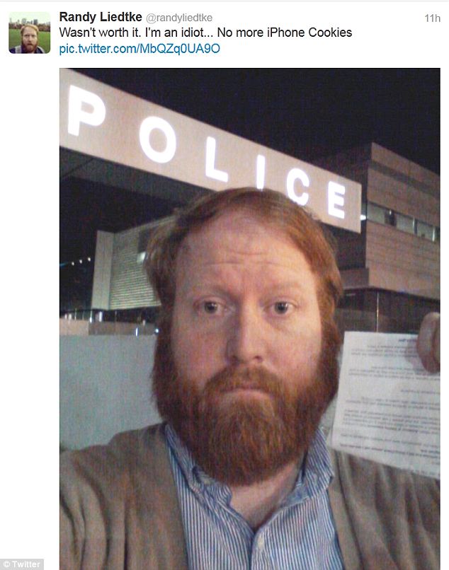 'I'm an idiot': Liedtke tweeted this penitent shot Wednesday evening, evidently as he left an LA police station with his tail between his legs