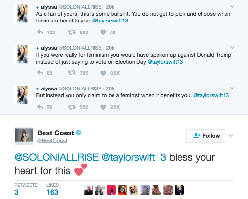 Vocal detractors included the band Best Coast, who commented in support of a critical fan on Swift's timeline.