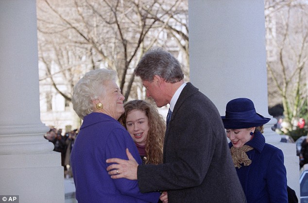 When Bill Clinton took over as president, he greeted Barbara Bush  alongside Hillary and Chelsea Clinton