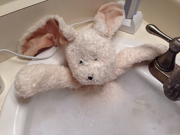 When your daughter asks you to give her stuffed bunny a bath. 