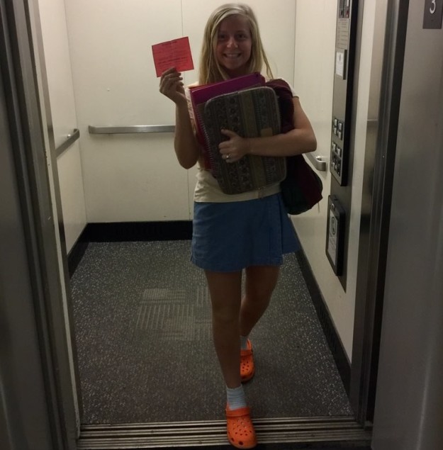 Here's a pic of the teen at school on Wednesday—she has an elevator pass.