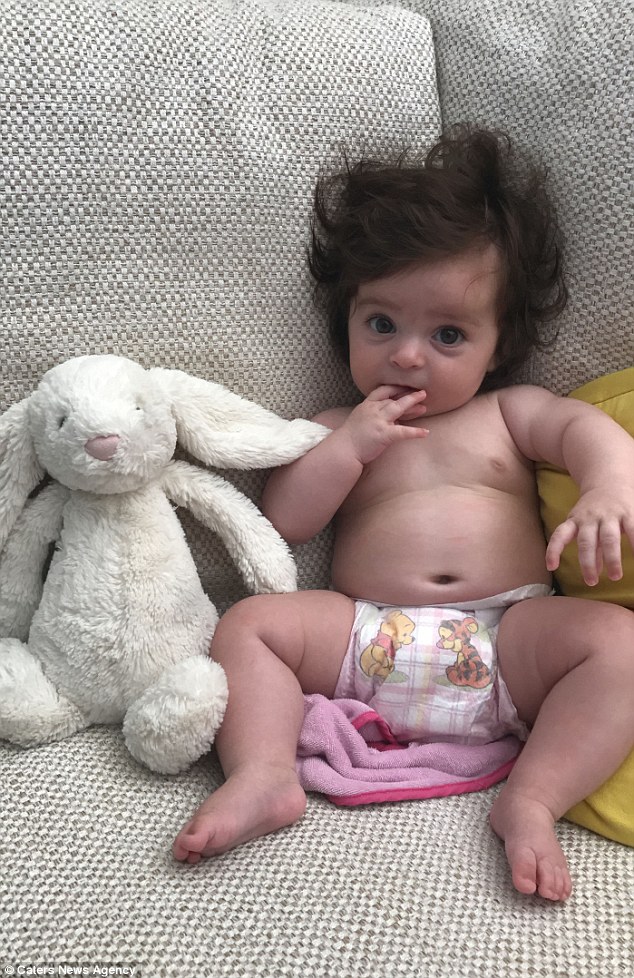 Adorable six-month-old Alexis Bartlett, from Sydney, has shoulder-length brown hair