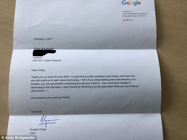 The Bridgewater's received a response from Pichai earlier this month encouraging the little girl to keep working hard and follow her dreams. 'I'm glad that you like computers and robots, and hope that you continue to learn about technology,' the Google CEO wrote